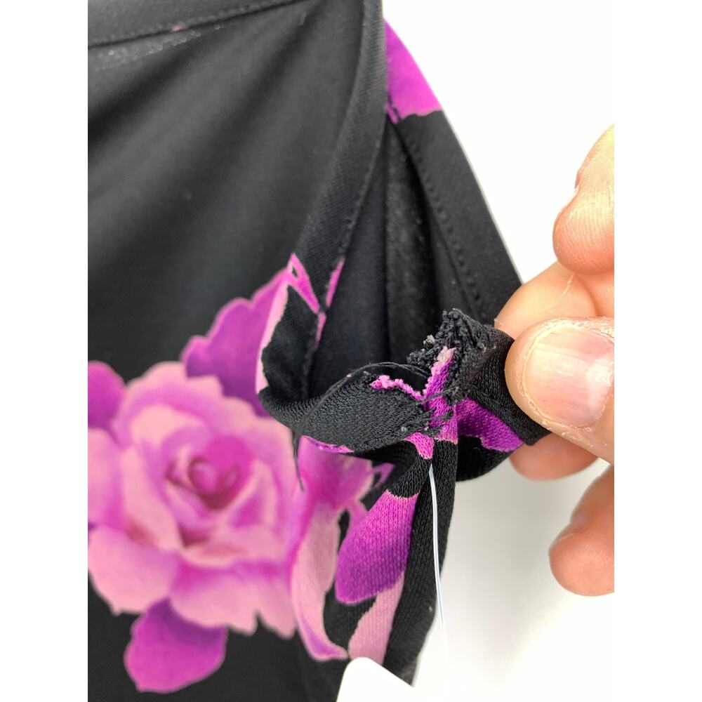 Vintage 90s Rose Print Mini Party Dress Womens L Black Purple Bodycon Stretch - Picture 3 of 6